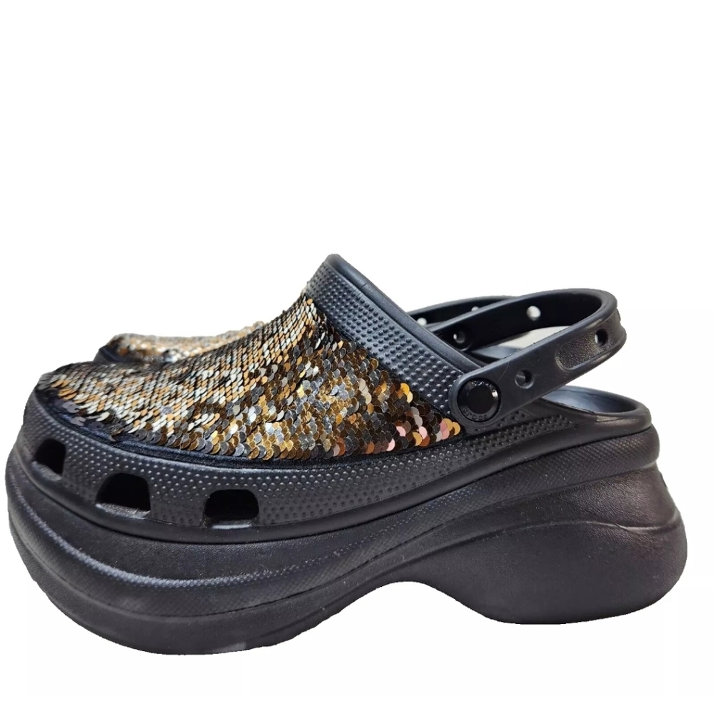 CROCS Classic Bae Silver Gold Sequin Platform Clog Sz 9 Black Multi - Picture 3 of 14